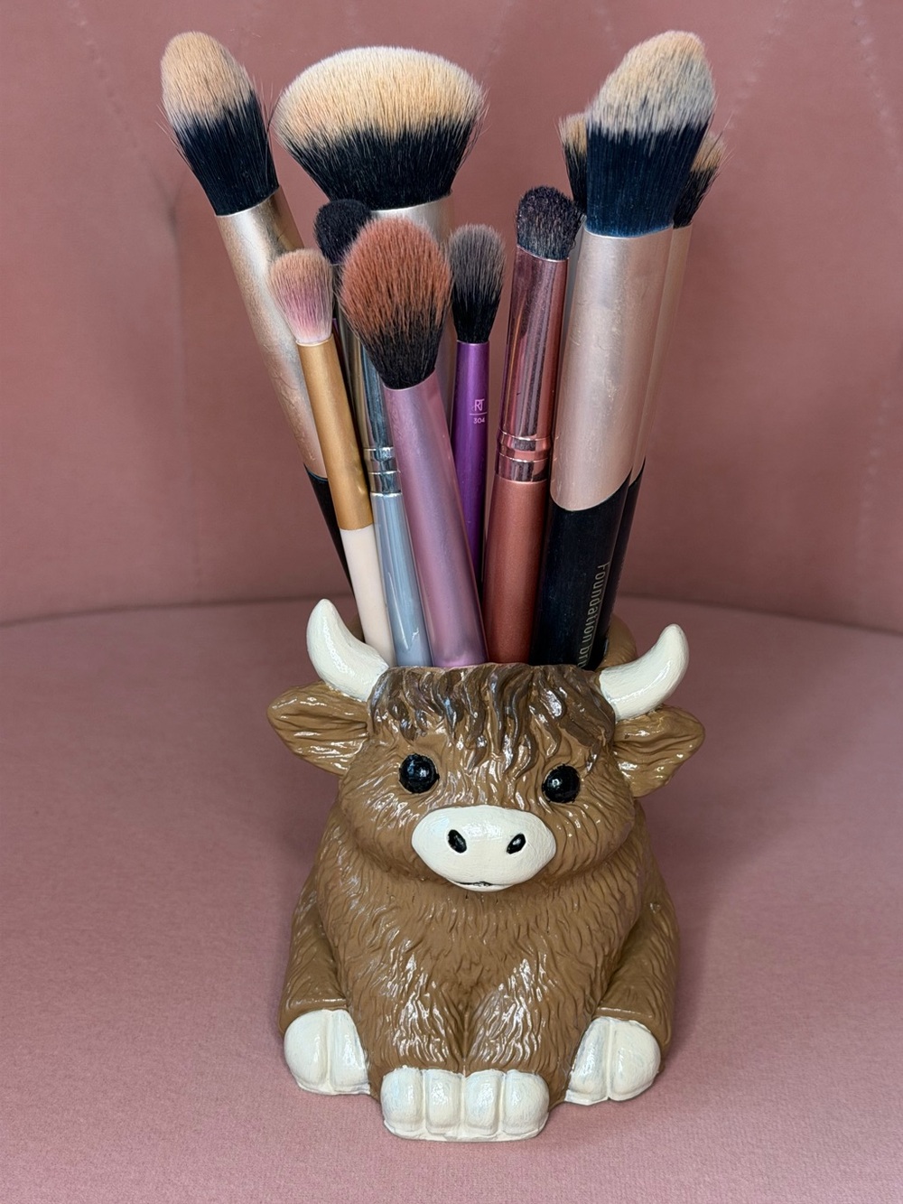 Handmade Cute Brown Highland Cow Makeup Brush Pencil Holder
